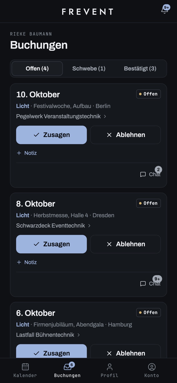 Offene Anfragen mit Datum, Gewerk, Projekt und Firmenname, je mit Zusagen und Ablehnen.
