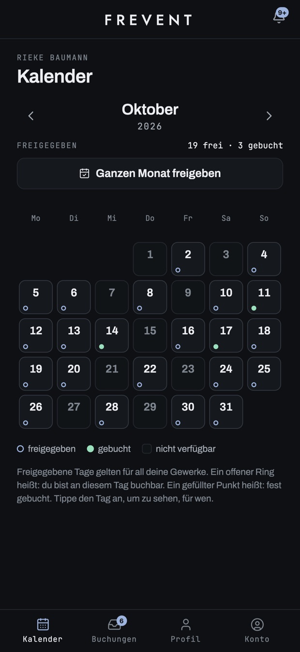 Technikerkalender, freigegebene Tage als offener Ring, gebuchte als gefüllter Punkt.